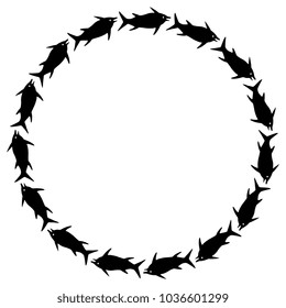 Isolated vector illustration. Round abstract frame made of silhouettes of stylized fish or dolphin. Black on white background.