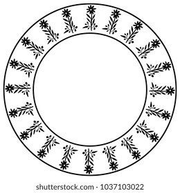 Isolated vector illustration. Round abstract frame with silhouettes of stylized flowers. Folk style. Based on traditional Mexican motif.