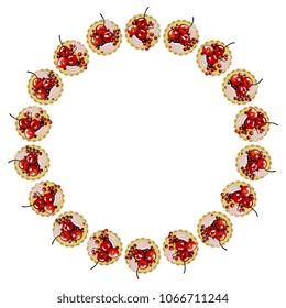 Isolated vector illustration. Round abstract frame or border with fruit tartlet cakes. Flat cartoon style.