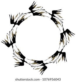 Isolated vector illustration. Round abstract frame or decor with silhouettes of stylized fantastic birds. Based on hand drawn original style art. Black ink and gold.