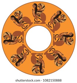 Isolated vector illustration. Round abstract decor with silhouettes of fantastic female sphinxes. Based on ancient Etruscan motif. Ethnic cartoon style.
