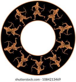 Isolated vector illustration. Round abstract decor with silhouettes of Scythian archers. Based on ancient Greek vase painting motif. Ethnic style.