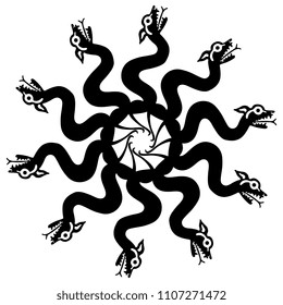 Isolated vector illustration. Round abstract decor made on fantastic snakes. Based on ancient Peruvian folk motif. Mochica Indians. Black silhouette on white background.