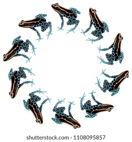Isolated vector illustration. Round abstract decor or frame with silhouettes of tropical poison dart frogs. (Dendrobatidae). Ranitomeya amazonica. Cartoon style.