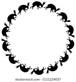 Isolated vector illustration. Round abstract frame with stylized hares or rabbits. Based on ancient Russian folk motif. Black silhouette on white background.