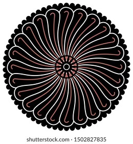 Isolated vector illustration. Round abstract mandala with linear spiral motifs. Stylized flower. Folk style.