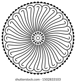 Isolated vector illustration. Round abstract mandala with linear spiral motifs. Stylized flower. Traditional Persian pottery design from ancient Iran. Black and white linear silhouette. 