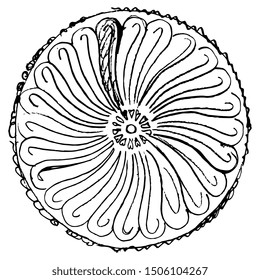 Isolated vector illustration. Round abstract mandala with linear spiral motifs. Stylized flower. Traditional Persian pottery design from ancient Iran. Hand drawn doodle linear sketch. Black and white 