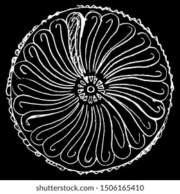 Isolated vector illustration. Round abstract mandala with linear spiral motifs. Stylized flower. Traditional Persian pottery design from ancient Iran. Hand drawn doodle linear sketch. White silhouette