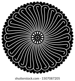 Isolated vector illustration. Round abstract mandala with linear spiral motifs. Stylized flower. Traditional Persian pottery design from ancient Iran. Black and white linear silhouette. 