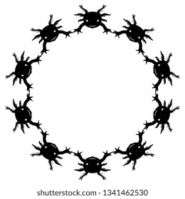 Isolated vector illustration. Round animal decor, frame or border with stylized faces of axolotl. Black silhouette on white background.