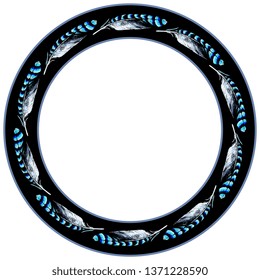 Isolated vector illustration. Round animal decor, frame or texture with blue feathers of jay bird. Hand drawn art.