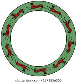 Isolated vector illustration. Round animal decor, frame or texture with silhouettes of stylized funn cats. Folk style.
