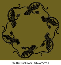 Isolated vector illustration. Round animal decor, frame or texture with silhouettes of fantastic phoenix or crane birds. Ancient Chinese traditional motif.