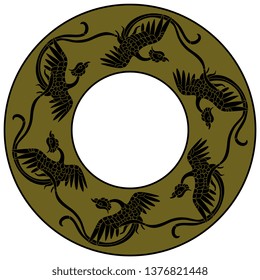 Isolated vector illustration. Round animal decor, frame or texture with silhouettes of fantastic phoenix or crane birds. Ancient Chinese traditional motif.