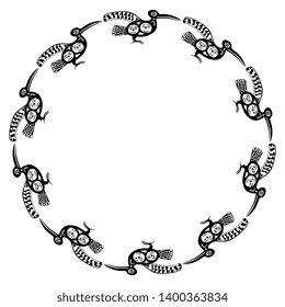 
Isolated vector illustration. Round animal decor, frame or texture with fantastic tribal birds. Ethnic motif of North American Nootka Indians. Black and white silhouette.