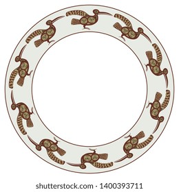 Isolated vector illustration. Round animal decor, frame or texture with silhouettes of fantastic tribal birds. Ethnic motif of North American Nootka Indians.