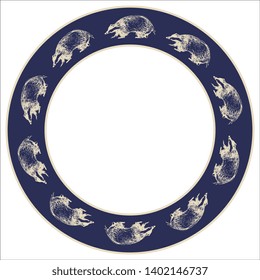Isolated vector illustration. Round animal decor, frame or texture with silhouettes of badgers.