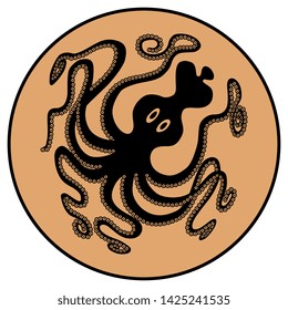 Isolated vector illustration. Round animal decor with silhouetted octopus. Ancient Minoan marine motif.