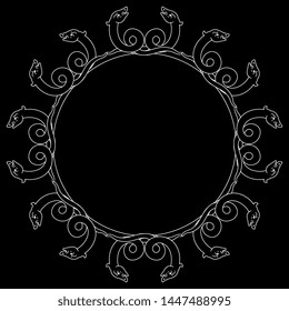 Isolated vector illustration. Round animal decor, frame or texture with stylized intertwined snakes. Linear white silhouette on black background.
