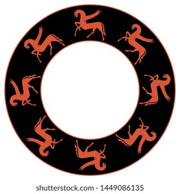 Isolated vector illustration. Round animal decor, frame or texture with silhouettes of fantastic winged horses. Ancient Russian folk motif.