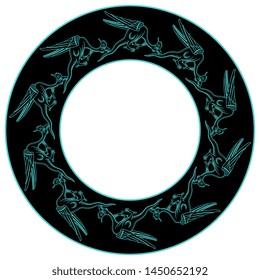 Isolated vector illustration. Round animal decor, frame or texture with silhouettes of fantastic medieval dragons or basilisks.