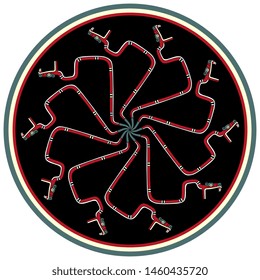 Isolated vector illustration. Round animal decor or mandala. Star made of fantastic snakes in a circle. Ancient Mexican Aztec motif.