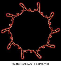 Isolated vector illustration. Round animal decor or frame with stylized snakes. On black background.