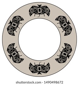 Isolated vector illustration. Round animal decor, frame or texture with stylized bats. Native American tribal motif from Mimbres pottery.