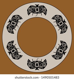 Isolated vector illustration. Round animal decor, frame or texture with stylized bats. Native American tribal motif from Mimbres pottery.