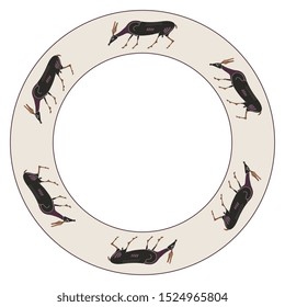 Isolated vector illustration. Round animal decor, frame or texture with silhouettes of antelopes or does. Ancient Greek vase pottery motif.