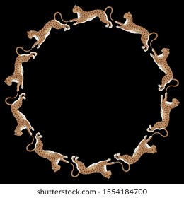 Isolated vector illustration. Round animal decor or frame with running spotted wild cats or leopards. Folk style. On black background.