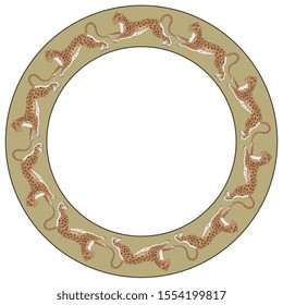 Isolated vector illustration. Round animal decor, frame or texture with running spotted wild cats or leopards. Folk style.