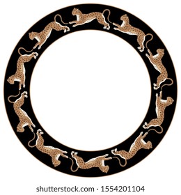 Isolated vector illustration. Round animal decor or frame with running spotted wild cats or leopards. Folk style. On black background.