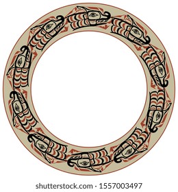 Isolated vector illustration. Round animal decor, frame or texture with heads of fantastic stylized animals. Ethnic decor of Native American Tlingit Indians.