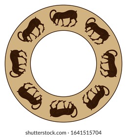 Isolated vector illustration. Round animal decor, frame or texture with silhouettes of stylized goats. Folk style.