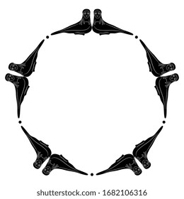 Isolated vector illustration. Round animal decor with fantastic Siren birds with female faces. Ancient Greek mythological motif. Black and white silhouette. Folk ethnic style.