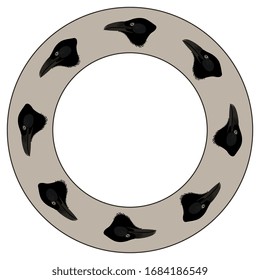 Isolated vector illustration. Round animal decor, frame or texture with silhouettes of raven heads.