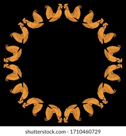 Isolated vector illustration. Round animal decor or frame with stylized roosters.