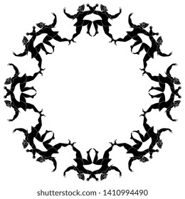 Isolated vector illustration. Round black and white decor or frame with silhouettes of ancient Etruscan male characters.