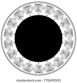 Isolated vector illustration. Round concentric ornament or texture with owl motif. Based on Pre-Columbian Peruvian Mochica art.