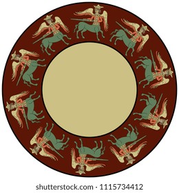 Isolated vector illustration. Round decor, texture or frame with fantastic characters. Old Russian winged centaur Kitovras. Based on medieval folk motif.