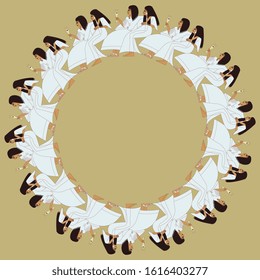 Isolated vector illustration. Round decor, frame or texture with ancient Egyptian motifs. Men and women seated at feast.