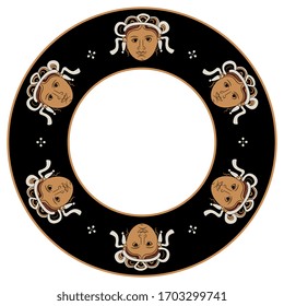 Ilustración vectorial aislada. Decoración redonda, marco o textura con antiguos motivos griegos. La cara femenina estilizada en la corona o en la corona. Estilo de pintura de jarrón.