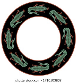 Ilustración vectorial aislada. Decoración redonda, marco o textura con dragones medievales. Fantástico animal monstruo. Estilo de manuscrito gótico iluminado.
