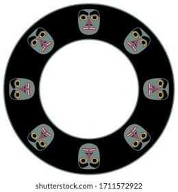 Isolated vector illustration. Round decor or frame with Native American masks of Tlingit Indians. 
