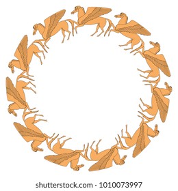 Isolated vector illustration. Round decorative frame with silhouettes of ancient Greek winged horses Pegasus.