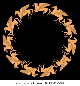 Isolated vector illustration. Round decorative frame with silhouettes of ancient Greek winged horses Pegasus. On black background.