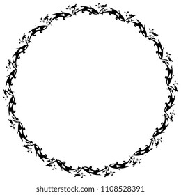 Isolated vector illustration. Round decorative frame with silhouettes of fantastic winged dragons with floral elements. Based on medieval motif from Gothic illuminated manuscript.