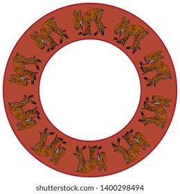 Isolated vector illustration. Round ethnic decor, frame or texture with silhouettes of fantastic animals (deer or hare). Ancient Mexican motif of Aztec Indians.